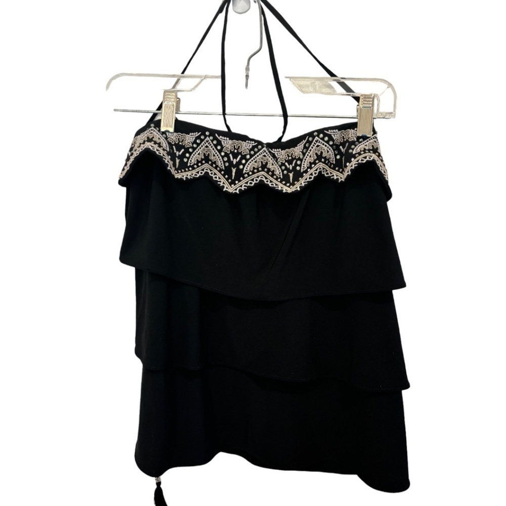 White House Black Market Black Tiered Open Back Embellished Halter Top Small